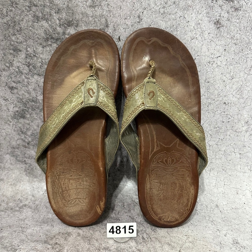 Olukai Akua Sandals Mens 11 Brown Green Leather Tiki Thong Flip Flops 10126-2648